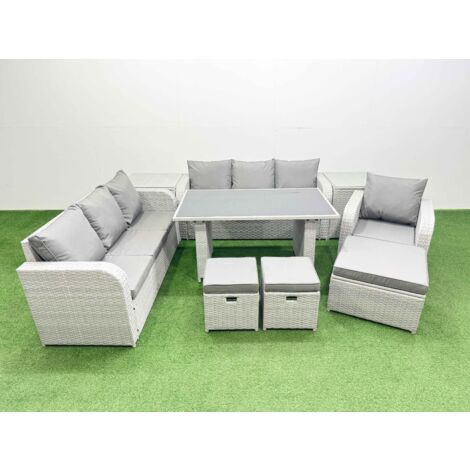 Fimous Rattan Garden Furniture Dining Set 10-seater Patio Rectangular Table Sofa Set with 2 Side Tables 3 Stools Light Grey (1/5)