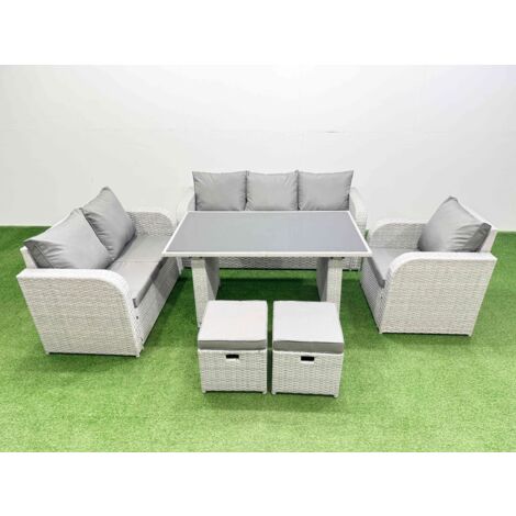 Fimous Rattan Outdoor Table Reclining Chair Sofa Set with 2 Small Stools Light Grey 8 Seater (1/5)
