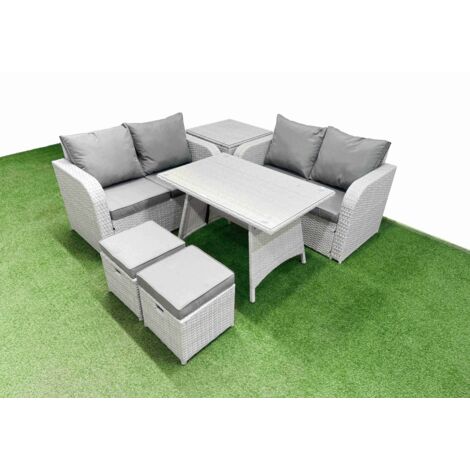 Fimous 6 Seater Outdoor Love Sofa Set Rattan Garden Furniture Set with Rectangular Dining Table Side Table 2 Small Footstool Light Grey (1/5)