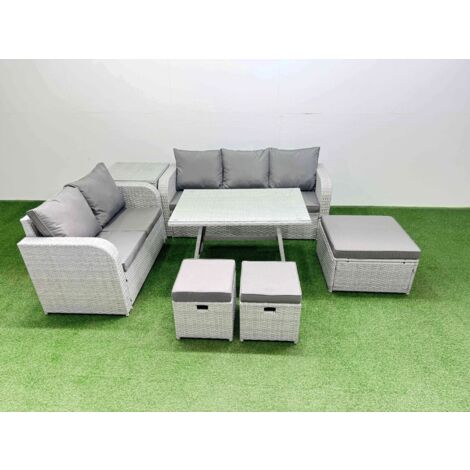 Fimous Outdoor PE Rattan Garden Furniture Set Rectangular Dining Table Sofa Set with 3 Stool Side Table Light Grey (1/5)