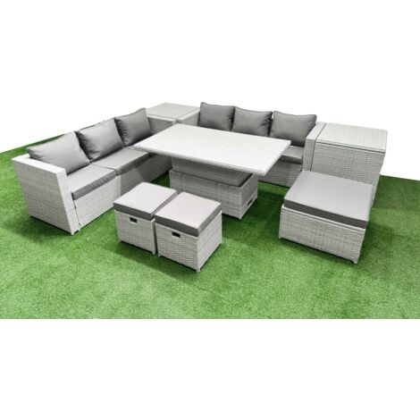Fimous 8 PCs Rising Dining Table Set Rattan Furniture Set with 3 Seater Sofa 3 Footstools 2 Side Tables Light Grey (1/5)
