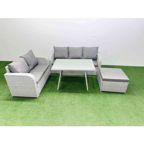 Fimous Outdoor PE Rattan Garden Furniture Set Rectangular Dining Table Sofa Set with Big Stool Light Grey (1/5)
