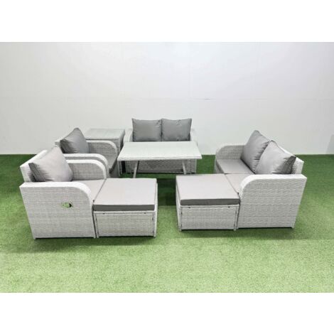 Fimous 8 Seater Rattan Garden Furniture Set Outdoor Love Sofa Set with Rectangular Dining Table Side Table 2 Big Footstools Light Grey (1/5)