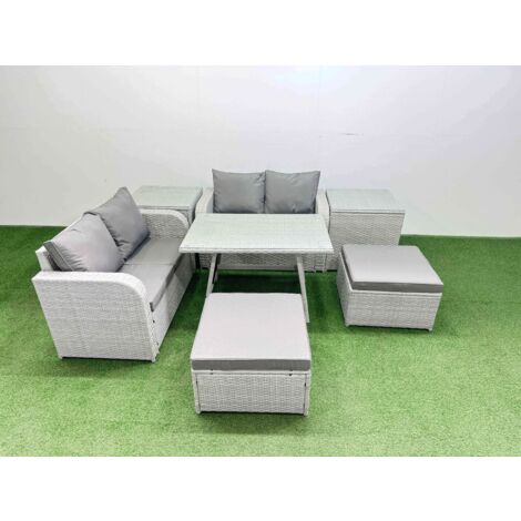 Fimous 6 Seater Outdoor Love Sofa Set Rattan Garden Furniture Set with Rectangular Dining Table 2 Side Tables 2 Big Footstool Light Grey (1/5)