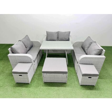Fimous Rattan Garden Furniture Dining Set 9-seater Patio Rectangular Table Love Sofa Set with 3 Stools