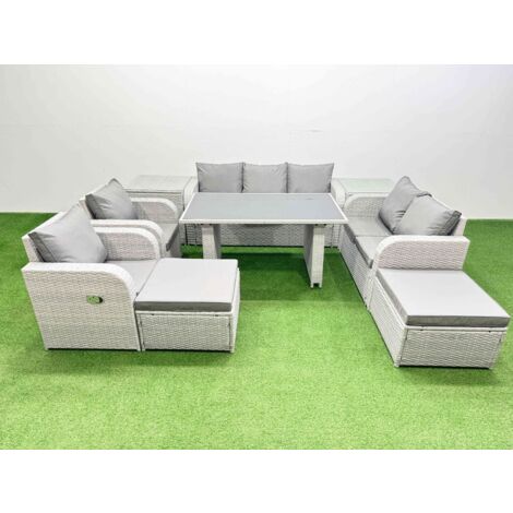 Fimous 9 Seater Garden Furniture Set PE Ratten Garden Sofa Set with Rectangular Dining Table 2 Big Stool 2 Side Tables Light Grey (1/5)