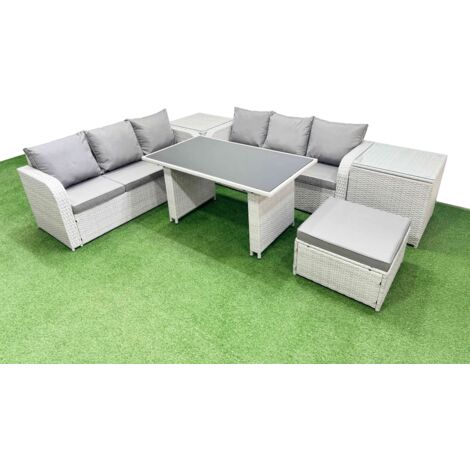 Fimous 7 Seater Rattan Outdoor Dining Table 3 Seater Sofa Set with 2 Side Tables Big Stool Light Grey (1/5)