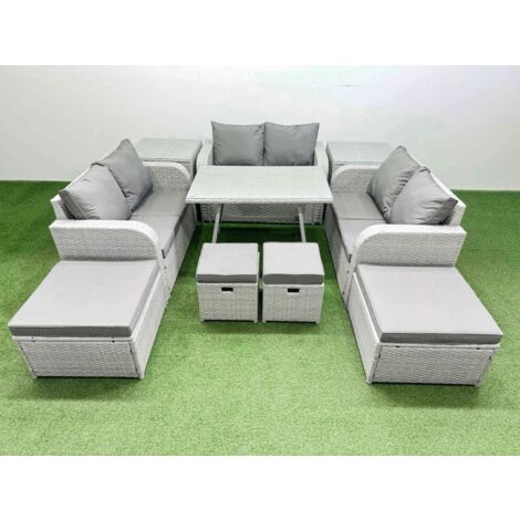 Fimous 10 Seater Patio Garden Furniture Sets with Dining Table Love Sofa 2 Side Tables 4 Stools Light Grey (1/5)