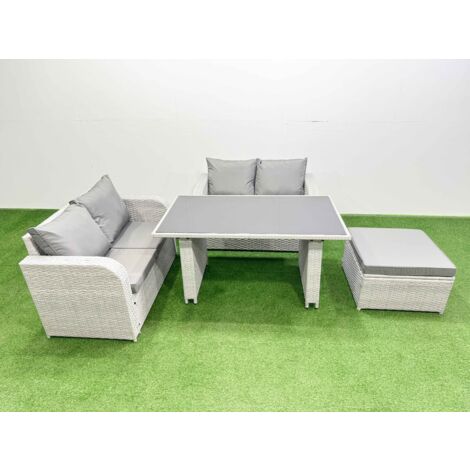 Fimous 4 Pieces Outdoor PE Rattan Sofa Set Patio Garden Furniture Sets with Cushions Big Stool Light Grey (1/5)