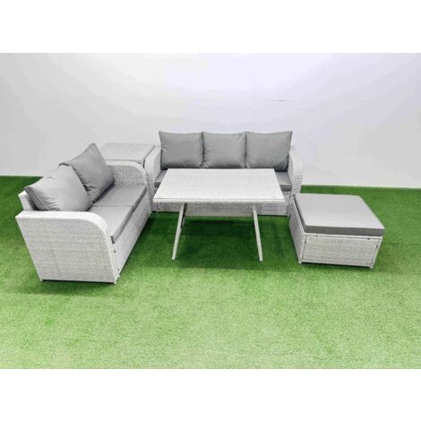 Fimous Outdoor PE Rattan Garden Furniture Set Rectangular Dining Table Sofa Set with Big Stool Side Table Light Grey (1/5)