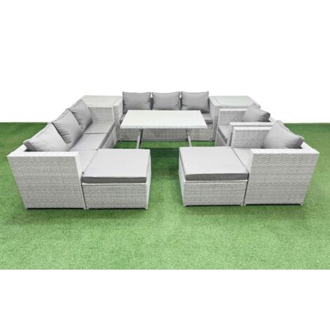 Fimous 10 Seater Garden Furniture Set PE Ratten Garden Sofa Set with Rectangular Dining Table 2 Big Stool 2 Side Tables Light Grey (1/5)