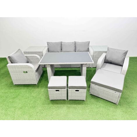 Fimous Outdoor Rattan Garden Furniture Dining Set 8-seater Patio Rectangular Table 3 Seater Sofa Reclining Chair Set with 2 Side Tables 3 Stools (1/5)