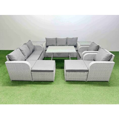 Fimous Rattan High Back Lounge Sofa Set Patio Dining Table & Chairs Set with 3 Seater Sofa 2 Reclining Chairs 2 Side Tables 2 Big Stool Light Grey (1/5)