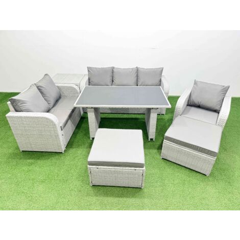 Fimous Rattan Outdoor Table Reclining Chair Sofa Set with Side Table 2 Big Stools Light Grey 8 Seater (1/5)