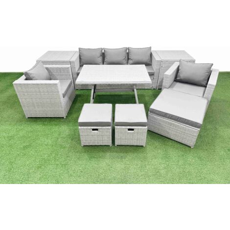 Fimous 10 Pieces Outdoor PE Rattan Sofa Armchair Set Patio Garden Furniture Sets with Cushions 2 Side Tables 3 Stools Light Grey (1/5)
