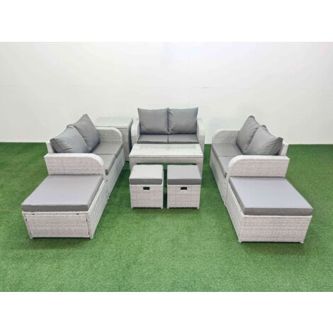 Fimous PE Wicker Rattan Furniture Sofa Sets with Oblong Coffee Table Love Sofa 4 Stools Side Table Light Grey Mixed (1/5)