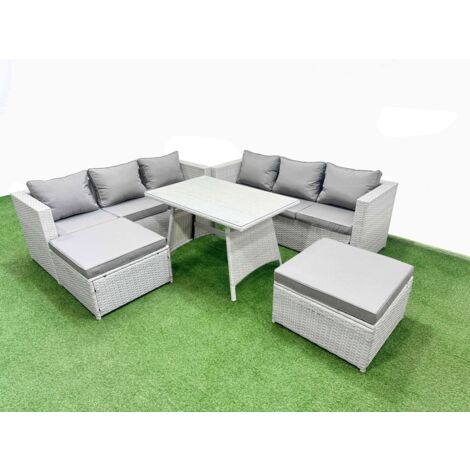 Fimous Rattan Garden Furniture Dining Set 8-seater Patio Rectangular Table 3 Seater Sofa Set with 2 Big Stools Light Grey (1/5)