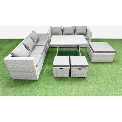 Fimous Rattan Garden Furniture Dining Set 9-seater Patio Rectangular Table 3 Seater Sofa Set with 3 Stools Light Grey (1/5)