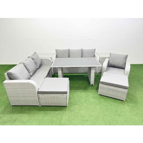 Fimous Rattan Garden Furniture Dining Set 9-seater Patio Rectangular Table Sofa Set with 2 Side Tables 2 Big Stools Light Grey (1/5)
