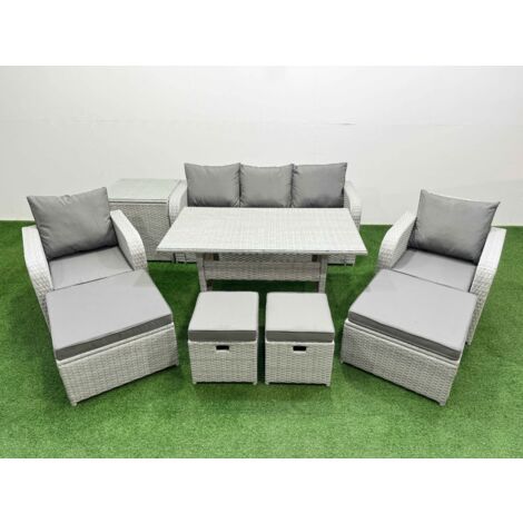 Fimous PE Rattan Lounge Sofa Set 9 Seater Outdoor Garden Furniture Set with Dining Table 3 Seater Sofa 2 Big Footstools Side Table Light Grey (1/5)
