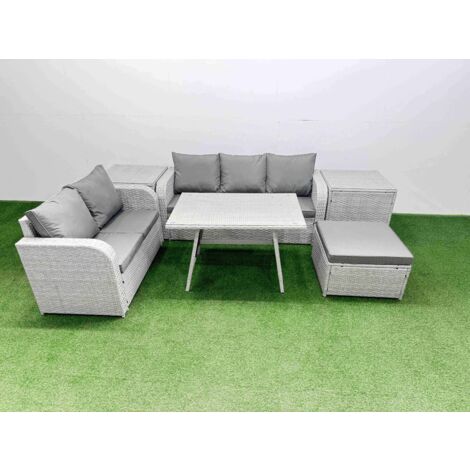 Fimous Outdoor PE Rattan Garden Furniture Set Rectangular Dining Table Sofa Set with Big Stool 2 Side Tables Light Grey (1/5)
