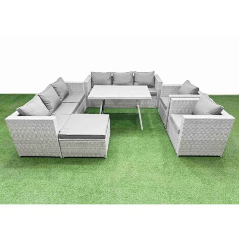 Fimous 9 Seater Garden Furniture Set PE Ratten Garden Sofa Set with Rectangular Dining Table Big Stool Light Grey (1/5)