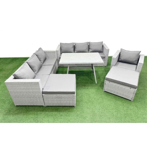 Fimous Outdoor Rattan Garden Furniture Dining Set 9-seater Patio Rectangular Table 3 Seater Sofa Armchair Set with 2 Big Stools (1/5)