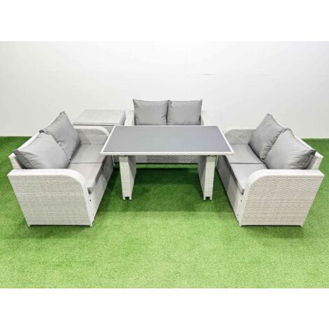 Fimous 6 Seater Patio Garden Furniture Sets with Black Glass Top Dining Table Love Sofa Side Table Light Grey (1/5)