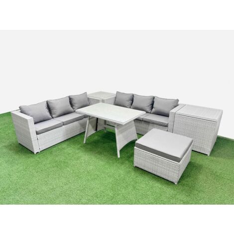 Fimous Rattan Garden Furniture Dining Set 7-seater Patio Rectangular Table 3 Seater Sofa Set with 2 Side Tables Big Stool Light Grey (1/5)