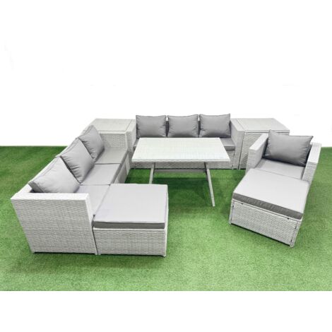 Fimous Outdoor Rattan Garden Furniture Dining Set 9-seater Patio Rectangular Table 3 Seater Sofa Armchair Set with 2 Side Tables 2 Big Stools (1/5)