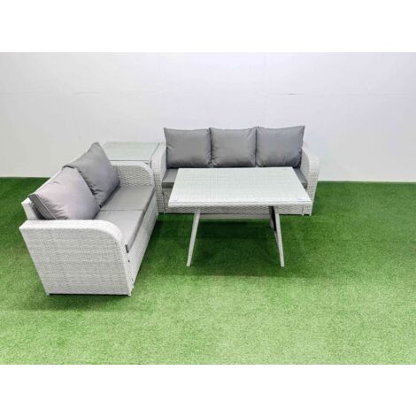 Fimous Outdoor PE Rattan Garden Furniture Set Rectangular Dining Table Sofa Set with Side Table Light Grey (1/5)