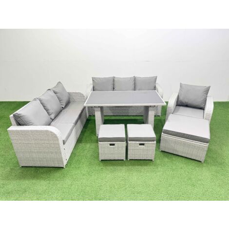 Fimous Rattan Garden Furniture Dining Set 10-seater Patio Rectangular Table Sofa Set with 3 Stools Light Grey (1/5)
