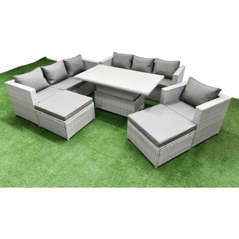 Fimous 6 PCs Rising Dining Table Set Rattan Furniture Set with 3 Seater Sofa Chair 2 Big Footstool Light Grey (1/5)