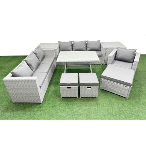 Fimous Outdoor Rattan Garden Furniture Dining Set 10-seater Patio Rectangular Table 3 Seater Sofa Armchair Set with 2 Side Tables 3 Stools (1/5)