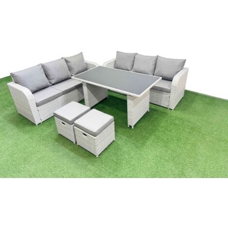 Fimous 8 Seater Rattan Outdoor Dining Table 3 Seater Sofa Set with 2 Small Stools Light Grey (1/5)