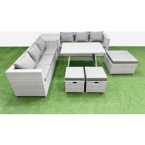Fimous Rattan Garden Furniture Dining Set 9-seater Patio Rectangular Table 3 Seater Sofa Set with Side Table 3 Stools Light Grey (1/5)
