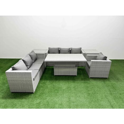 Fimous 6 PCs Rising Dining Table Set Rattan Furniture Set with 3 Seater Sofa Chair 2 Side Tables Light Grey (1/5)