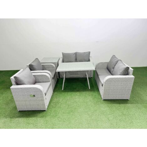 Fimous 6 Seater Rattan Garden Furniture Set Outdoor Love Sofa Set with Rectangular Dining Table Side Table Light Grey (1/5)