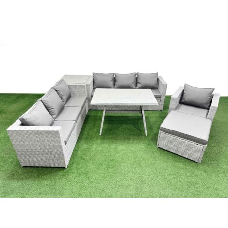Fimous Outdoor Rattan Garden Furniture Dining Set 8-seater Patio Rectangular Table 3 Seater Sofa Armchair Set with Side Table Big Stool (1/5)