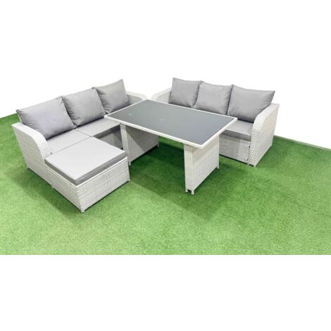 Fimous 7 Seater Rattan Outdoor Dining Table 3 Seater Sofa Set with Big Stool Light Grey (1/5)