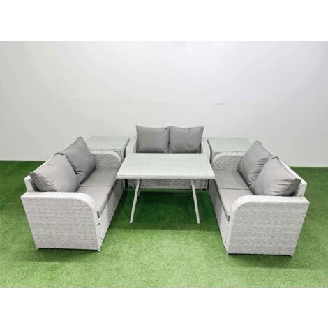 Fimous Rattan Garden Furniture Dining Set 6-seater Patio Rectangular Table Love Sofa Set with 2 Side Tables (1/5)