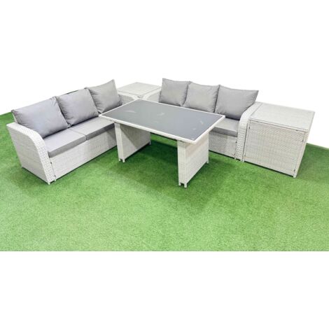 Fimous 6 Seater Rattan Outdoor Dining Table 3 Seater Sofa Set with 2 Side Tables Light Grey (1/5)