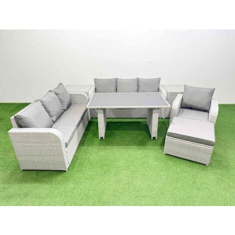 Fimous Rattan Garden Furniture Dining Set 8-seater Patio Rectangular Table Sofa Set with 2 Side Tables Big Stool Light Grey (1/5)