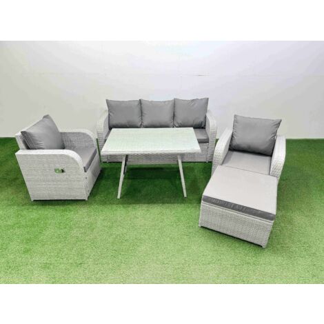 Fimous Reclining Chair 3 Seat Sofa Set Garden Furniture Set with Rectangular Dining Table Big Footstool Light Grey (1/5)
