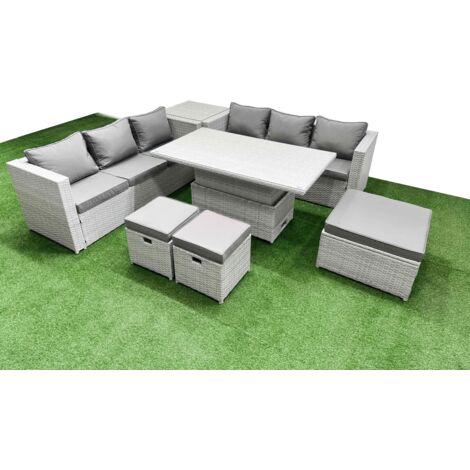 Fimous 7 PCs Rising Dining Table Set Rattan Furniture Set with 3 Seater Sofa 3 Footstools Side Table Light Grey (1/5)