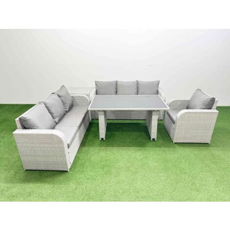 Fimous Rattan Garden Furniture Dining Set 7-seater Patio Rectangular Table Sofa Set with Side Table Light Grey (1/5)