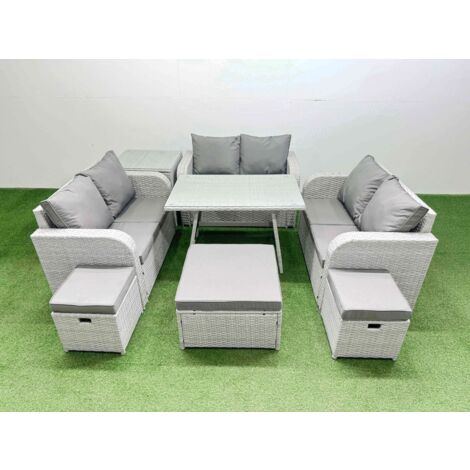 Fimous Rattan Garden Furniture Dining Set 9-seater Patio Rectangular Table Love Sofa Set with Side Table 3 Stools (1/5)