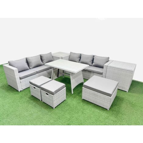 Fimous Rattan Garden Furniture Dining Set 9-seater Patio Rectangular Table 3 Seater Sofa Set with 2 Side Tables 3 Stools Light Grey (1/5)