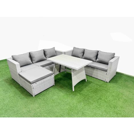 Fimous Rattan Garden Furniture Dining Set 7-seater Patio Rectangular Table 3 Seater Sofa Set with Big Stool Light Grey (1/5)