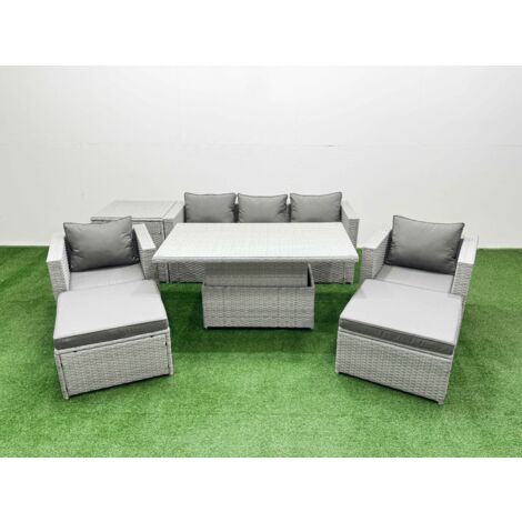 Fimous 7 PCs Rising Dining Table Set Rattan Furniture Set with 3 Seater Sofa Chair 2 Big Footstools Side Table Light Grey
